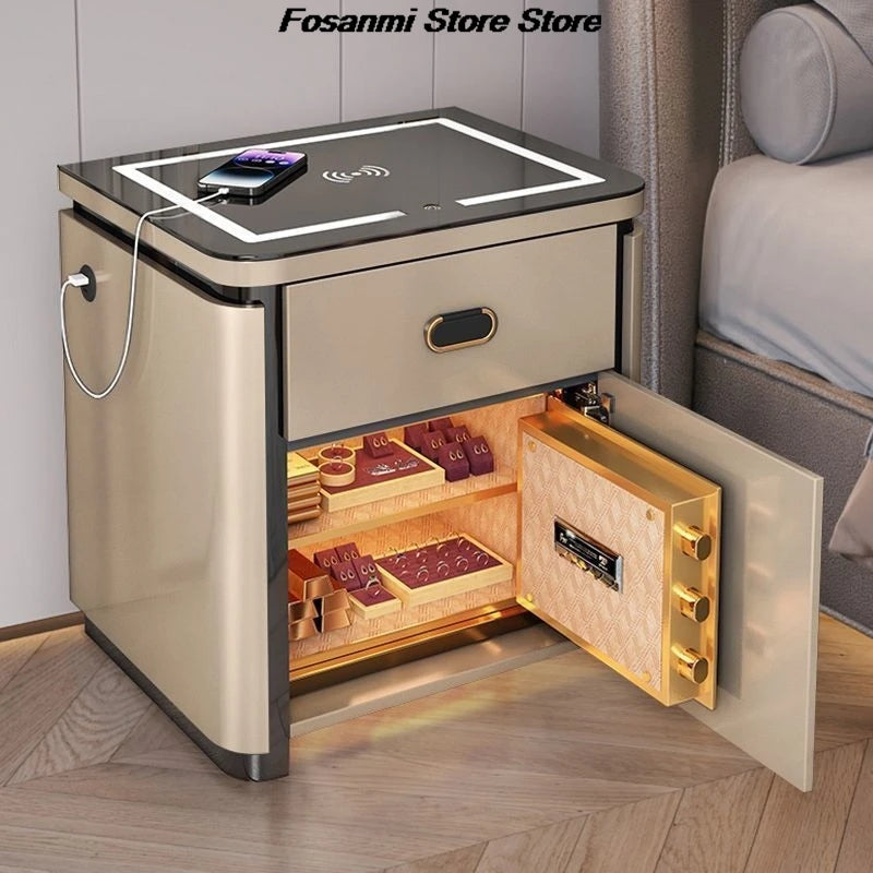 Modern Smart Bedside Safe Cabinet With Wireless Charging Fingerprint Bluetooth Lock Integrated Multifunctional Storage Safe