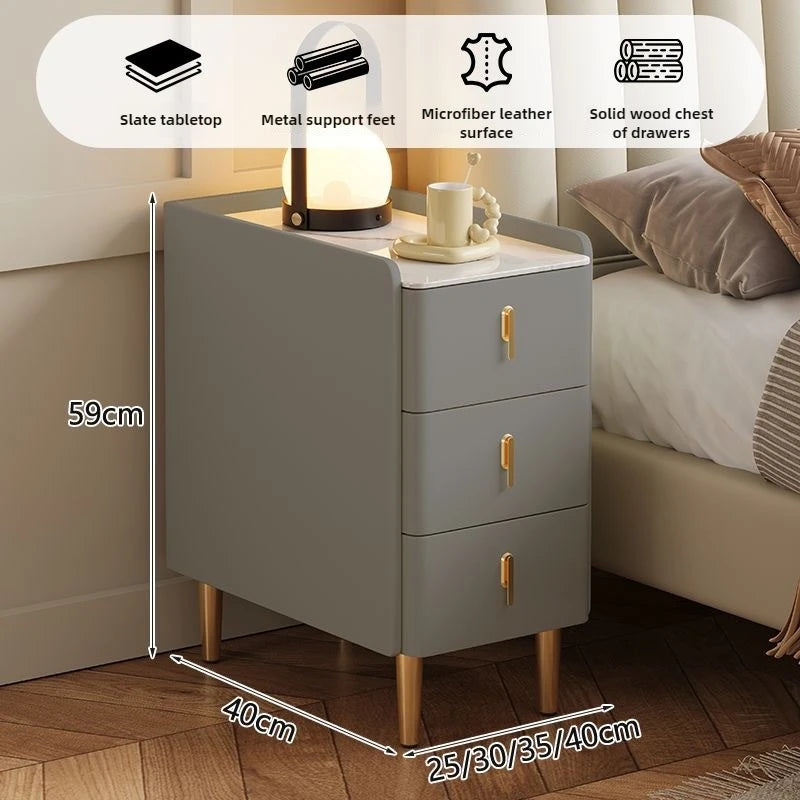 Ultra-Thin Smart Nightstand - Solid Wood w/Wireless Charging, Marble Top Storage for Modern Minimalist Bedroom