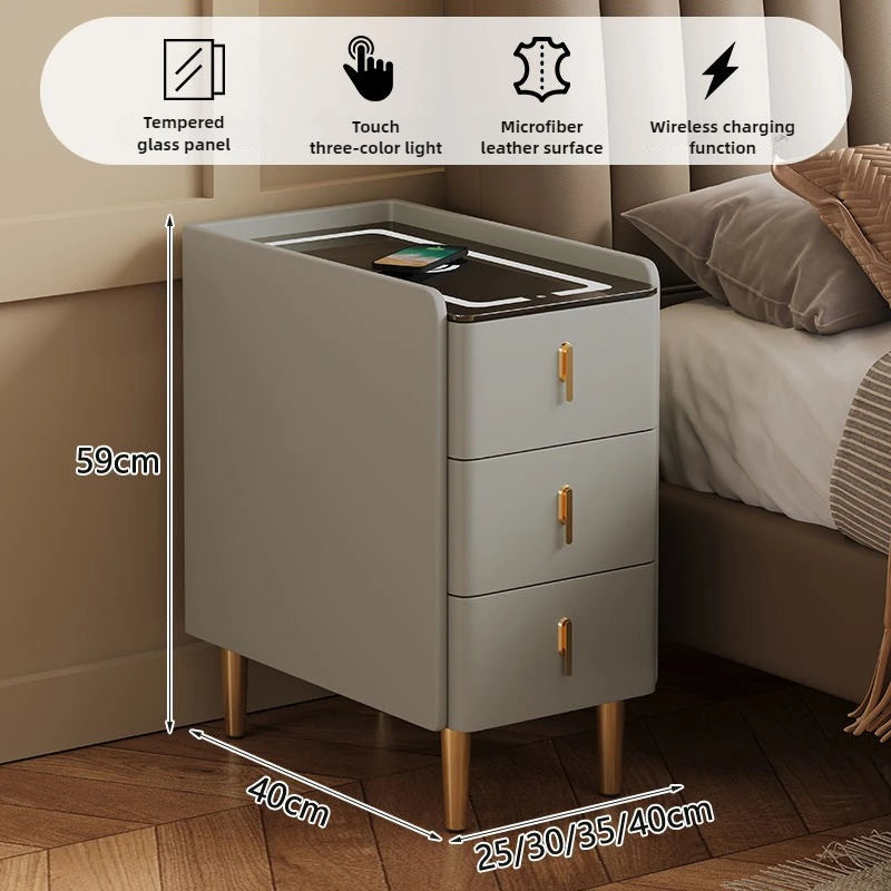 Ultra-Thin Smart Nightstand - Solid Wood w/Wireless Charging, Marble Top Storage for Modern Minimalist Bedroom