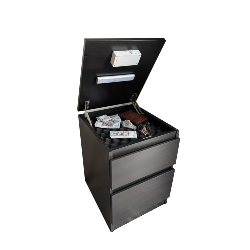 Black metal file cabinet with open lid on a white background