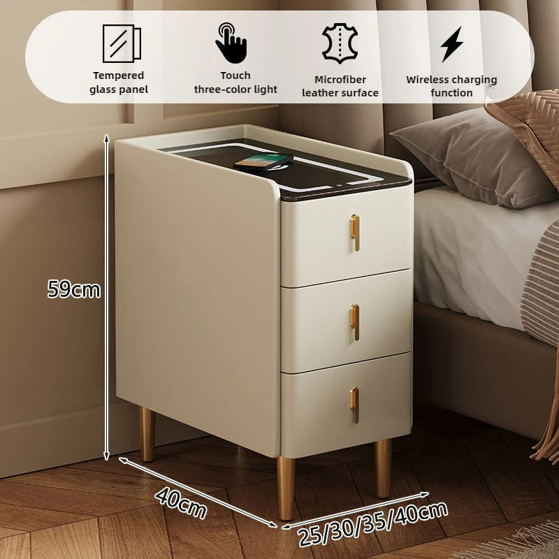 Ultra-Thin Smart Nightstand - Solid Wood w/Wireless Charging, Marble Top Storage for Modern Minimalist Bedroom