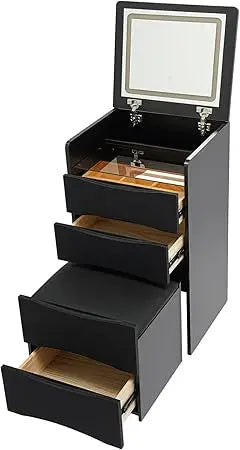 Compact dressing table, small dressing table with flip mirror light and hidden chair, mini dressing table with storage space