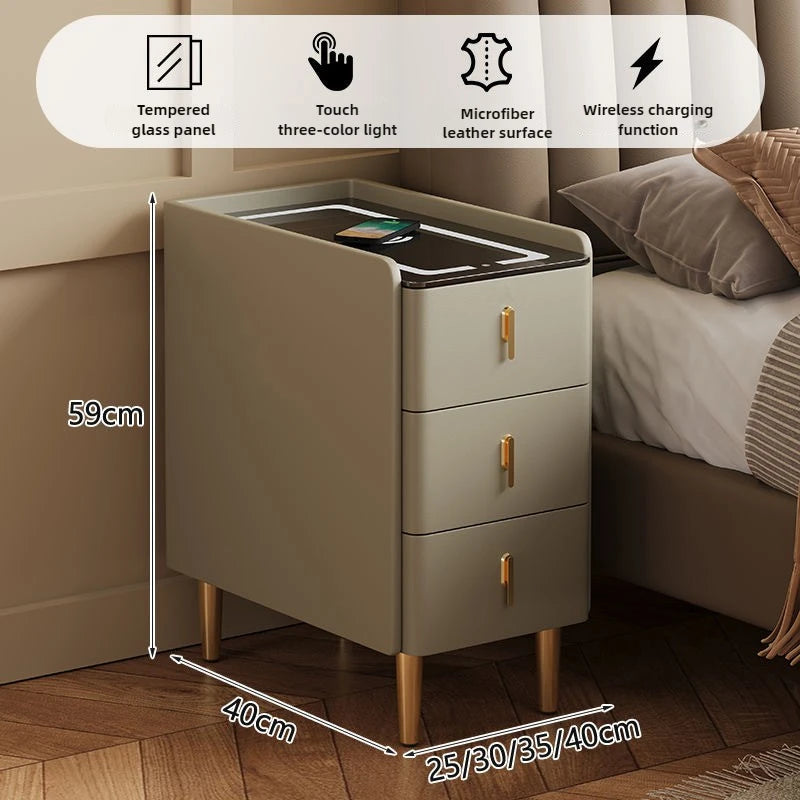 Ultra-Thin Smart Nightstand - Solid Wood w/Wireless Charging, Marble Top Storage for Modern Minimalist Bedroom