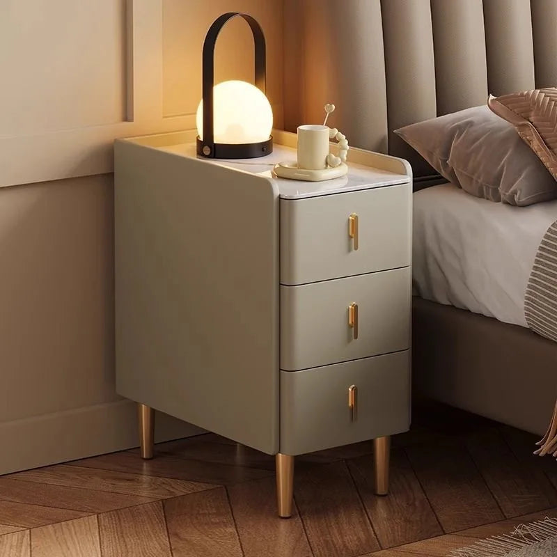 Ultra-Thin Smart Nightstand - Solid Wood w/Wireless Charging, Marble Top Storage for Modern Minimalist Bedroom