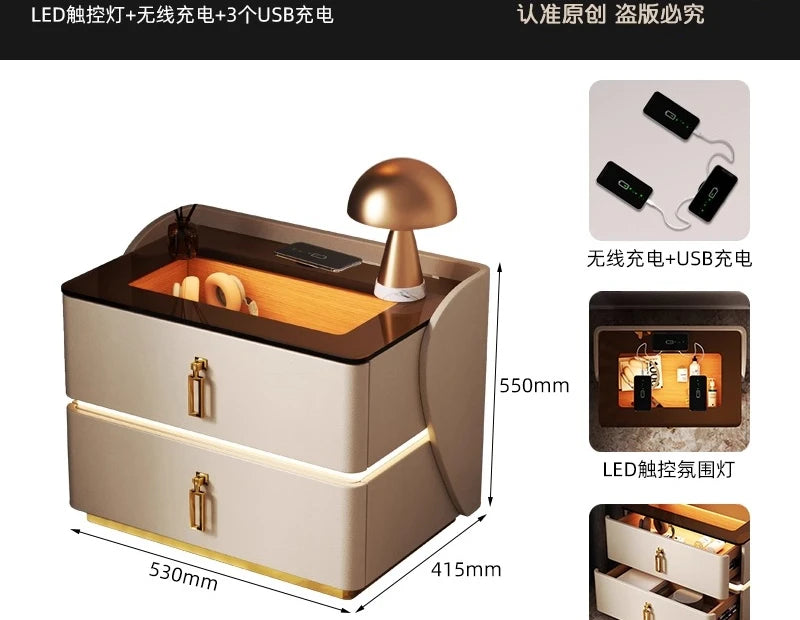 Multifunctional bedside table wireless charging 2024 new master bedroom smart atmosphere light simple modern minimalist storage