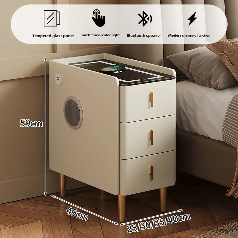 Ultra-Thin Smart Nightstand - Solid Wood w/Wireless Charging, Marble Top Storage for Modern Minimalist Bedroom