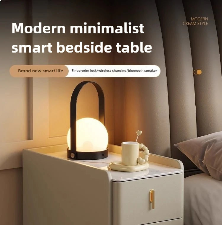 Ultra-Thin Smart Nightstand - Solid Wood w/Wireless Charging, Marble Top Storage for Modern Minimalist Bedroom