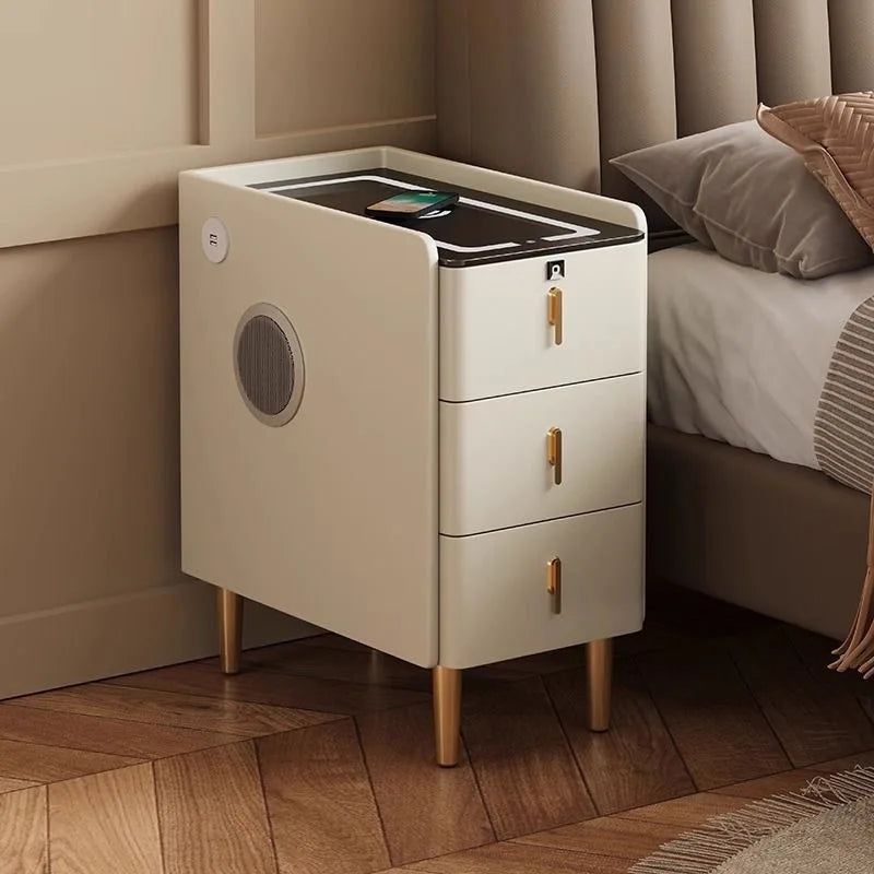 Ultra-Thin Smart Nightstand - Solid Wood w/Wireless Charging, Marble Top Storage for Modern Minimalist Bedroom