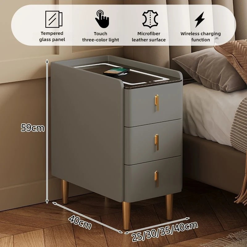 Ultra-Thin Smart Nightstand - Solid Wood w/Wireless Charging, Marble Top Storage for Modern Minimalist Bedroom