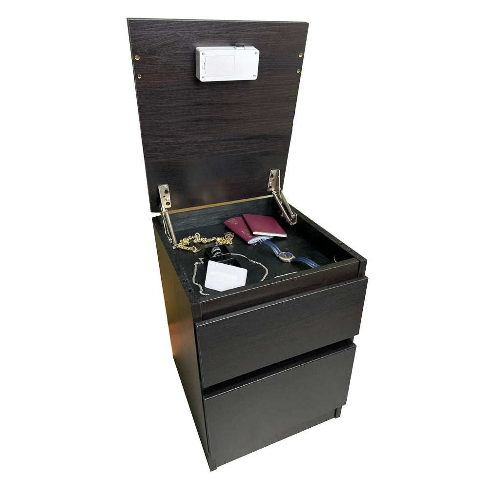 Wooden jewelry box with open lid displaying jewelry on a white background