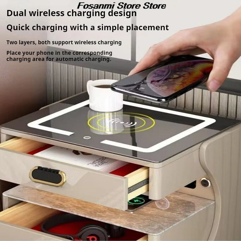 Modern Smart Bedside Safe Cabinet With Wireless Charging Fingerprint Bluetooth Lock Integrated Multifunctional Storage Safe