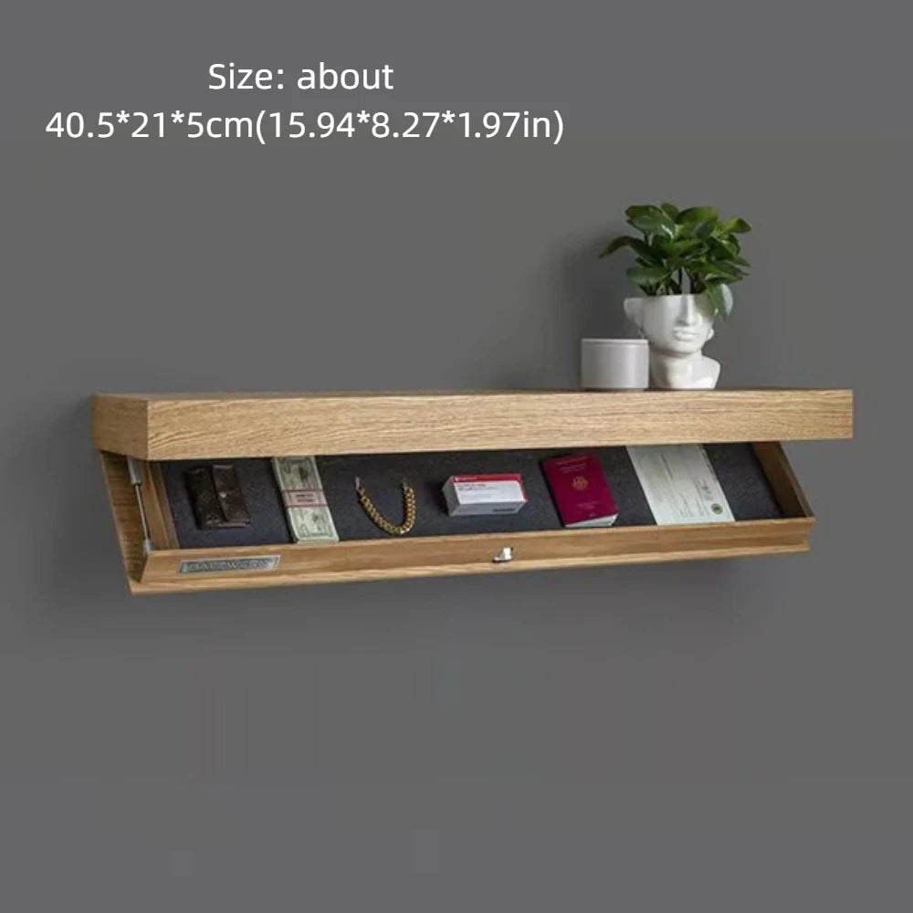 Wooden shelf with small items on a gray background