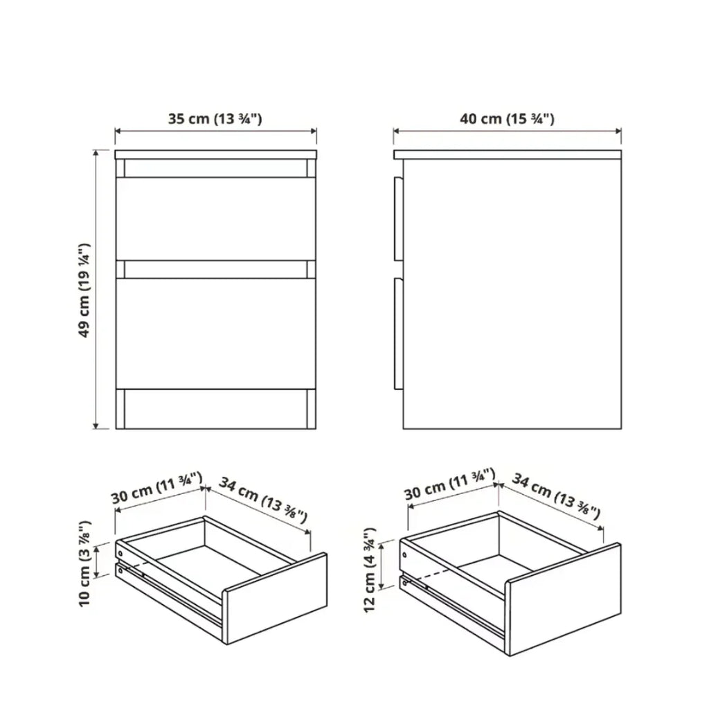 Dimensions of a piece of furniture with measurements in centimeters and inches.