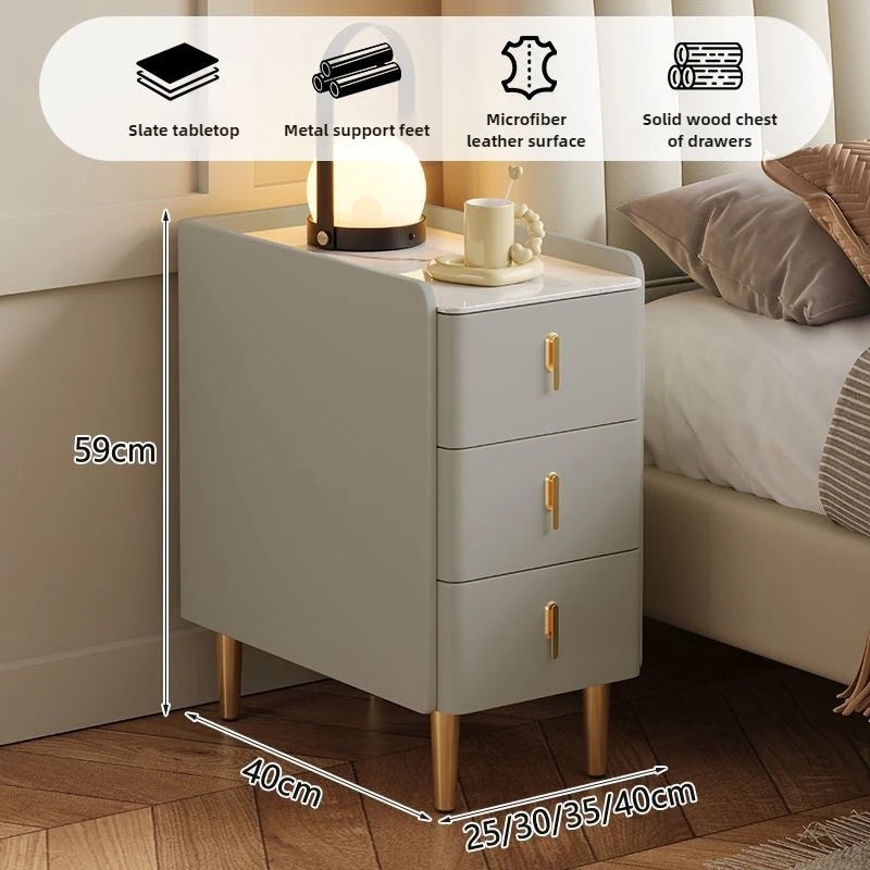 Ultra-Thin Smart Nightstand - Solid Wood w/Wireless Charging, Marble Top Storage for Modern Minimalist Bedroom