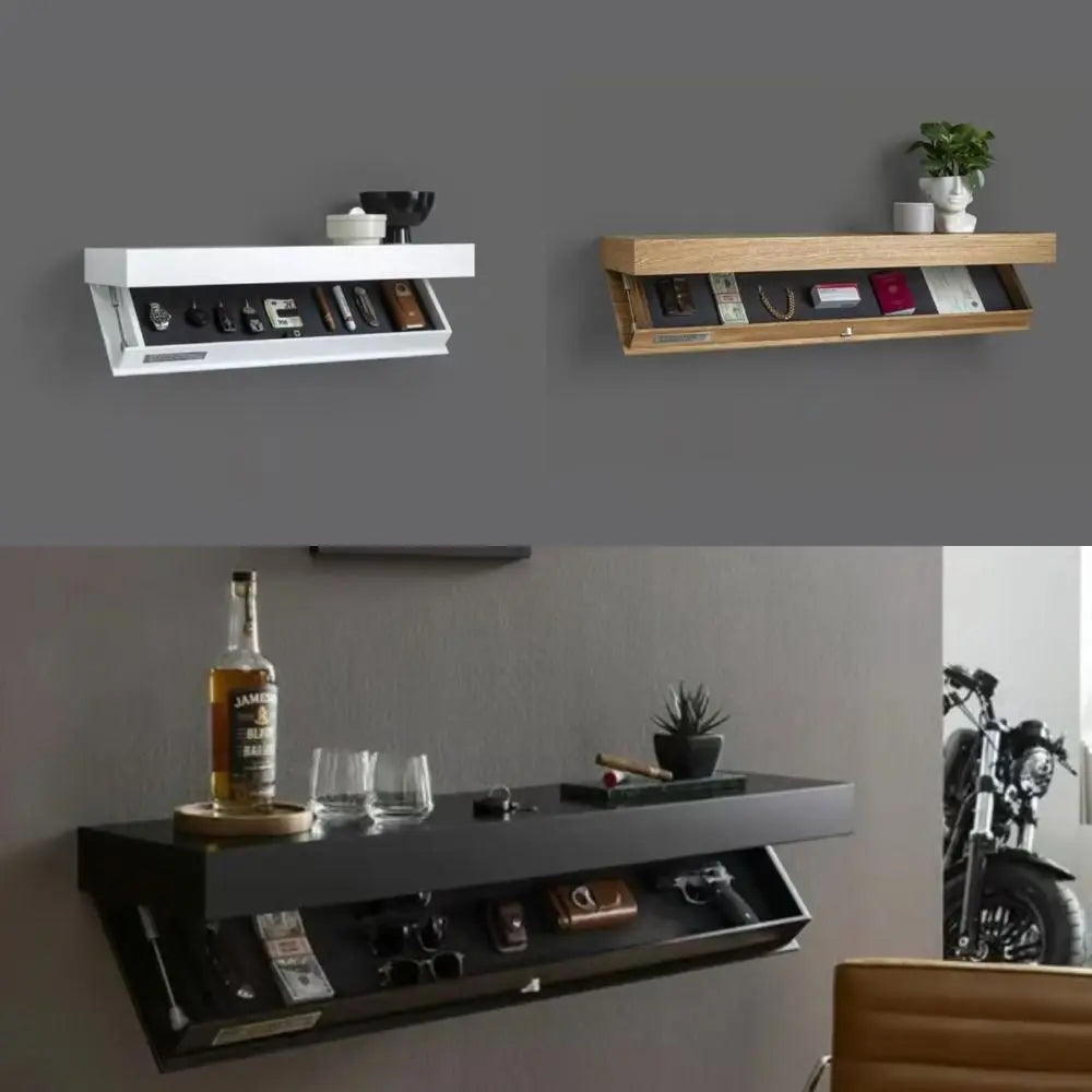 Three wall-mounted shelves in different colors with various items on a gray wall.