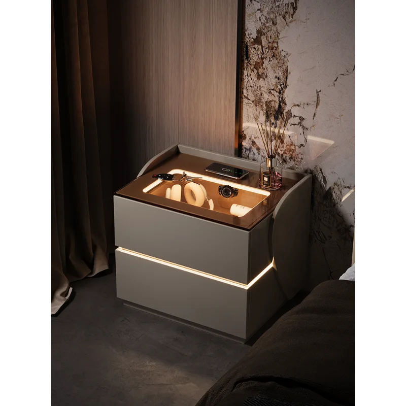 Multifunctional bedside table wireless charging 2024 new master bedroom smart atmosphere light simple modern minimalist storage