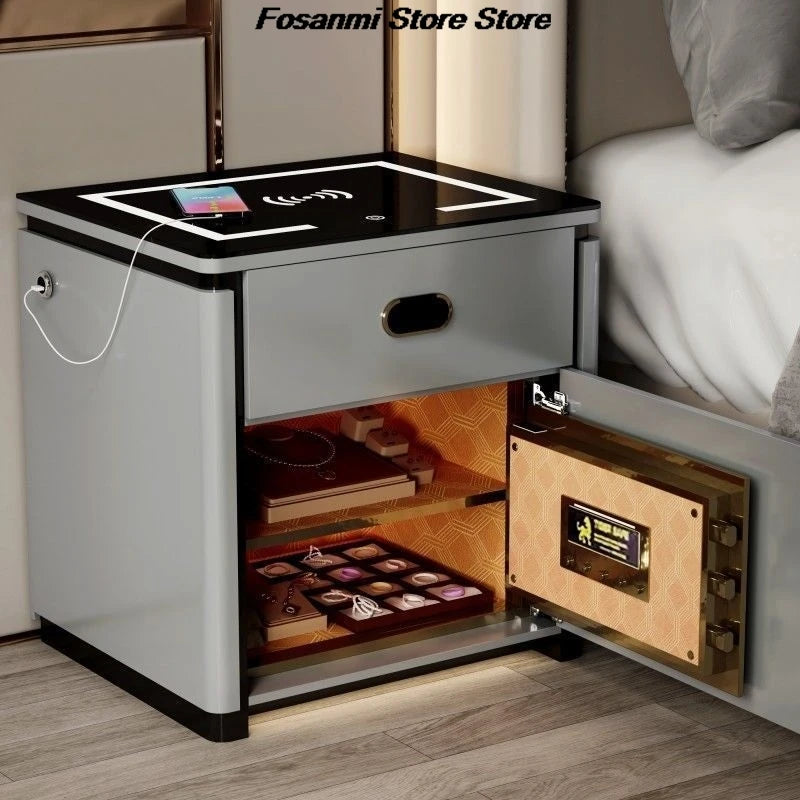 Modern Smart Bedside Safe Cabinet With Wireless Charging Fingerprint Bluetooth Lock Integrated Multifunctional Storage Safe