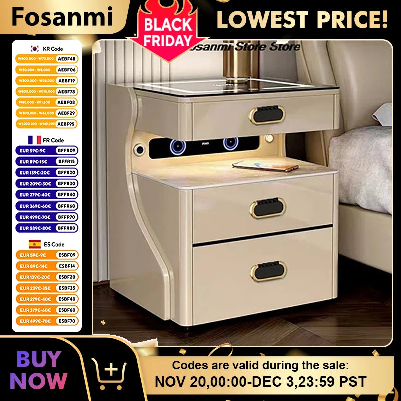 Modern Smart Bedside Safe Cabinet With Wireless Charging Fingerprint Bluetooth Lock Integrated Multifunctional Storage Safe