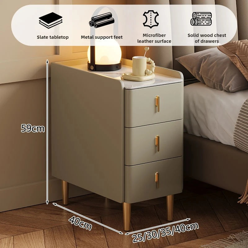 Ultra-Thin Smart Nightstand - Solid Wood w/Wireless Charging, Marble Top Storage for Modern Minimalist Bedroom
