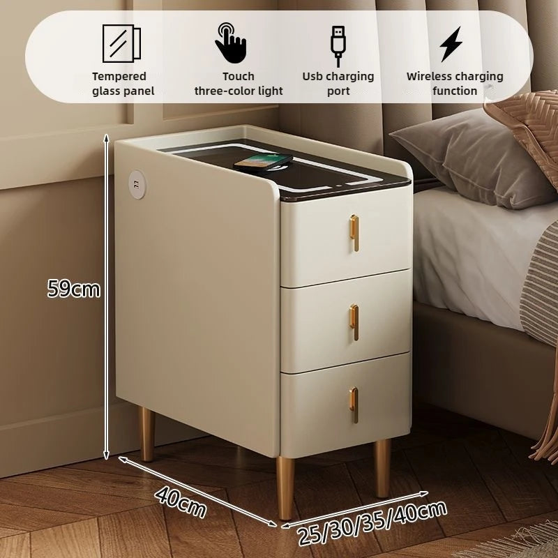 Ultra-Thin Smart Nightstand - Solid Wood w/Wireless Charging, Marble Top Storage for Modern Minimalist Bedroom